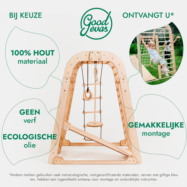 Houten Binnenspeeltuin voor kinderen – 7-in-1 Speeltuin + Schommel set + Glijbaan + Kunsttoevoeging