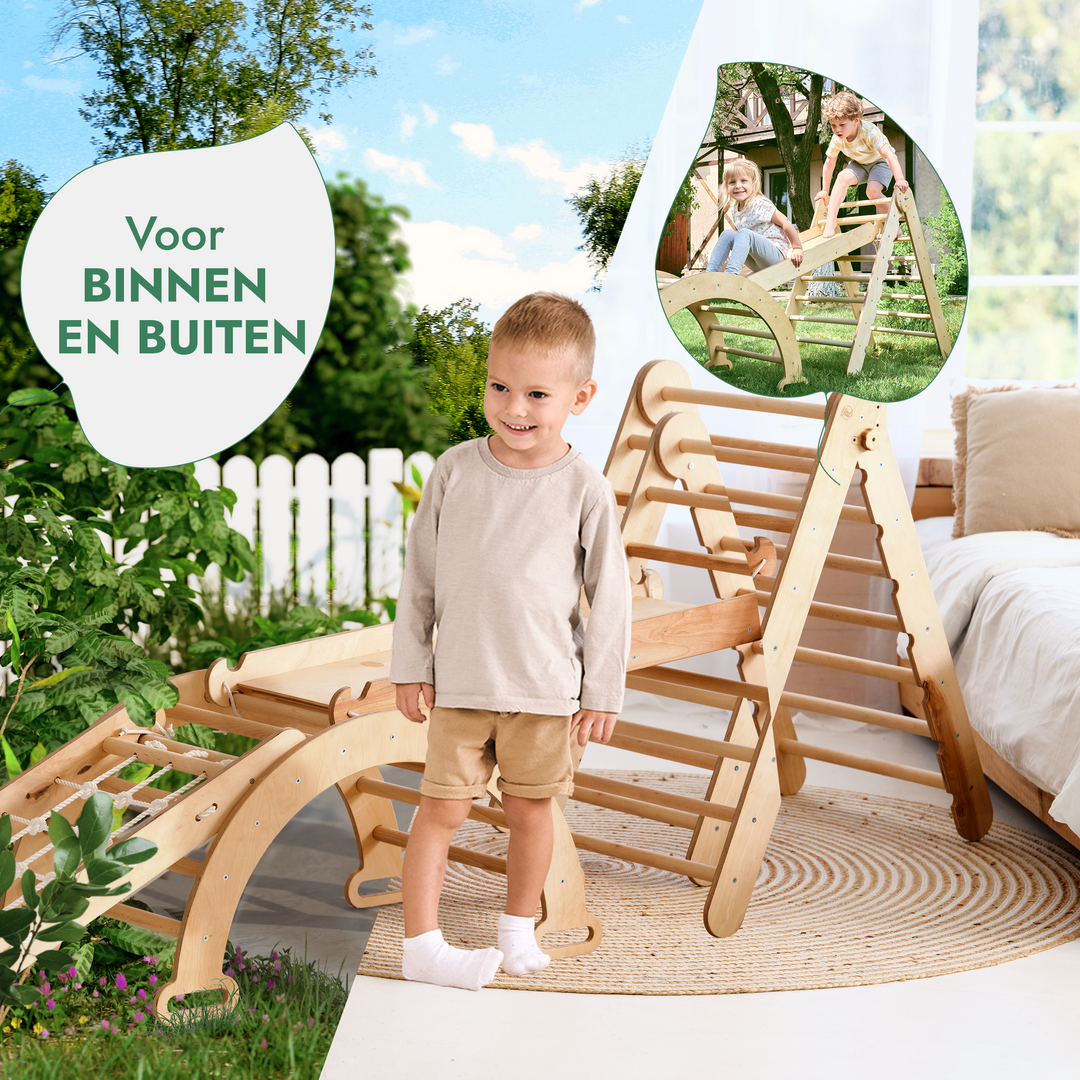 4-in-1 Montessori-klimrekset: Driehoek Ladder + Boog/Schommelstoel + Glijbaan/Helling + Touwennet