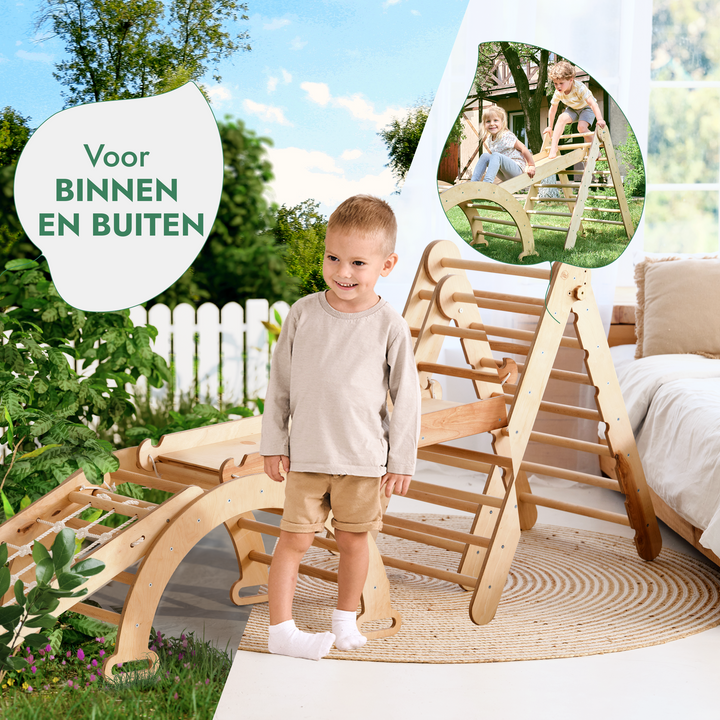 4-in-1 Montessori-klimrekset: Driehoek Ladder + Boog/Schommelstoel + Glijbaan/Helling + Touwennet