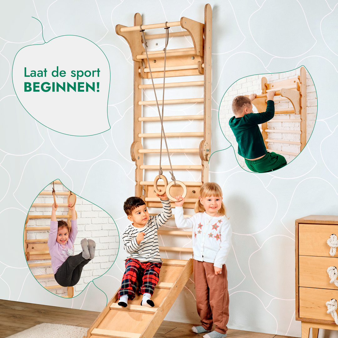 6-in-1 Houten Zweedse Wand-/Klimladder voor Kinderen + Schommel Set + Glijbaan