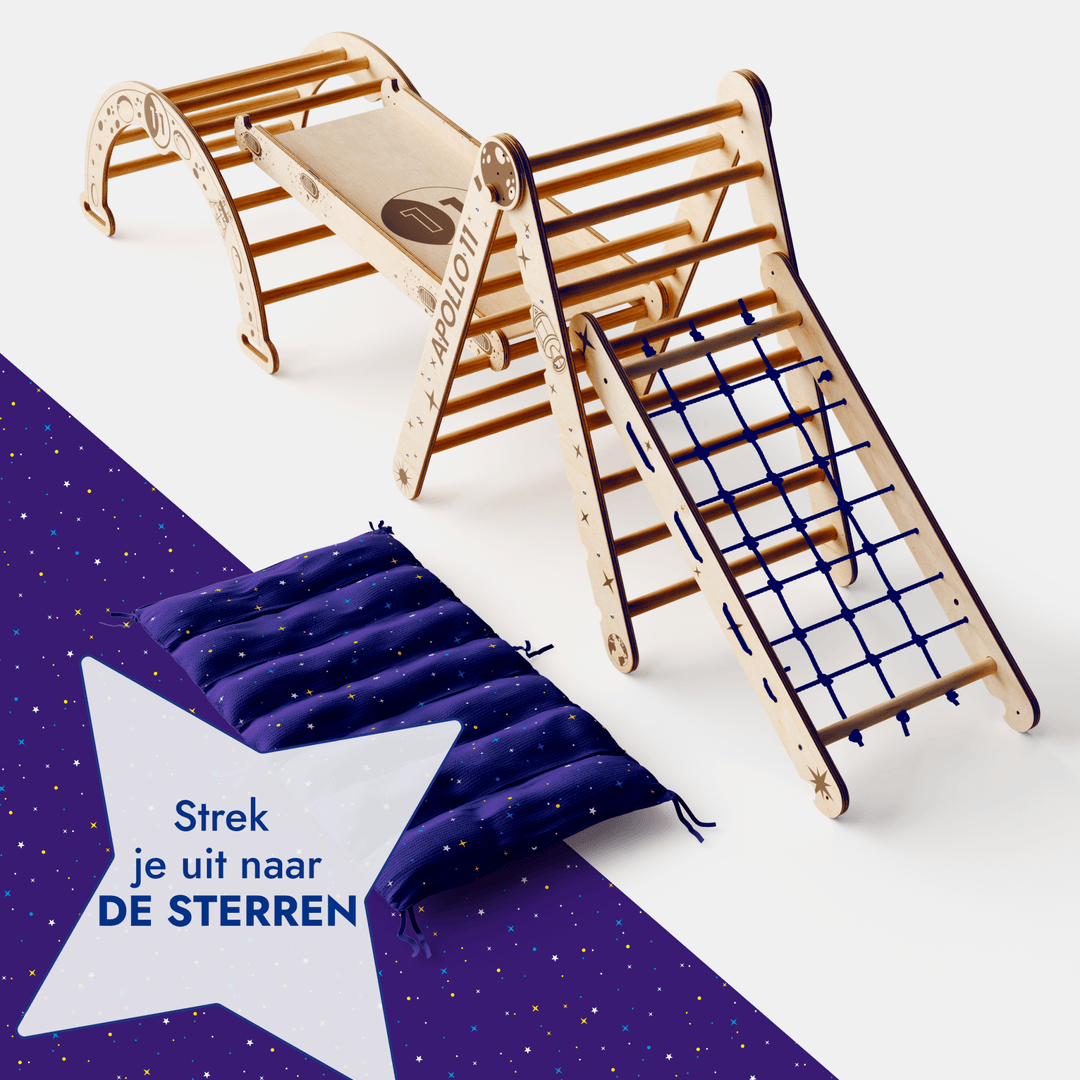 Apollo 5 - in - 1 Klimset: Pikler Driehoek, Net, Boog, Glijbord en Kussen voor Kleine Astronauten - Goodevas NL