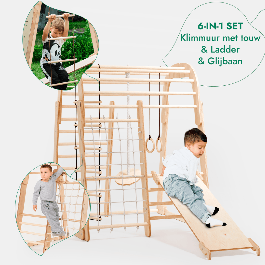 Houten Binnenspeeltuin voor kinderen – 6 - in - 1 Speeltuin + Schommel set + Glijbaan - Goodevas NL