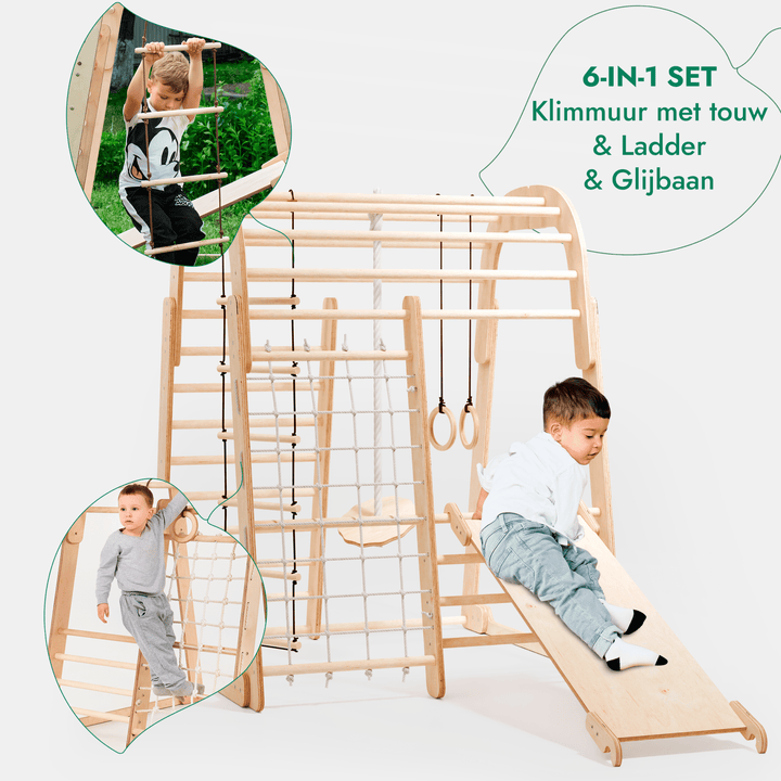 Houten Binnenspeeltuin voor kinderen – 6 - in - 1 Speeltuin + Schommel set + Glijbaan - Goodevas NL