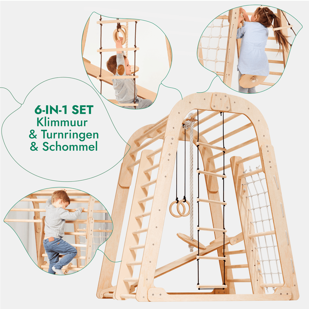 Houten Binnenspeeltuin voor kinderen – 6 - in - 1 Speeltuin + Schommel set + Glijbaan - Goodevas NL