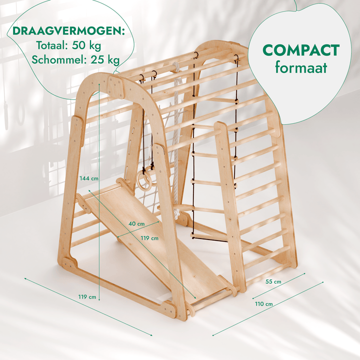 Houten Binnenspeeltuin voor kinderen – 6 - in - 1 Speeltuin + Schommel set + Glijbaan - Goodevas NL