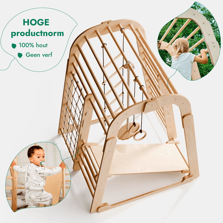 Houten Binnenspeeltuin voor kinderen – 6 - in - 1 Speeltuin + Schommel set + Glijbaan - Goodevas NL
