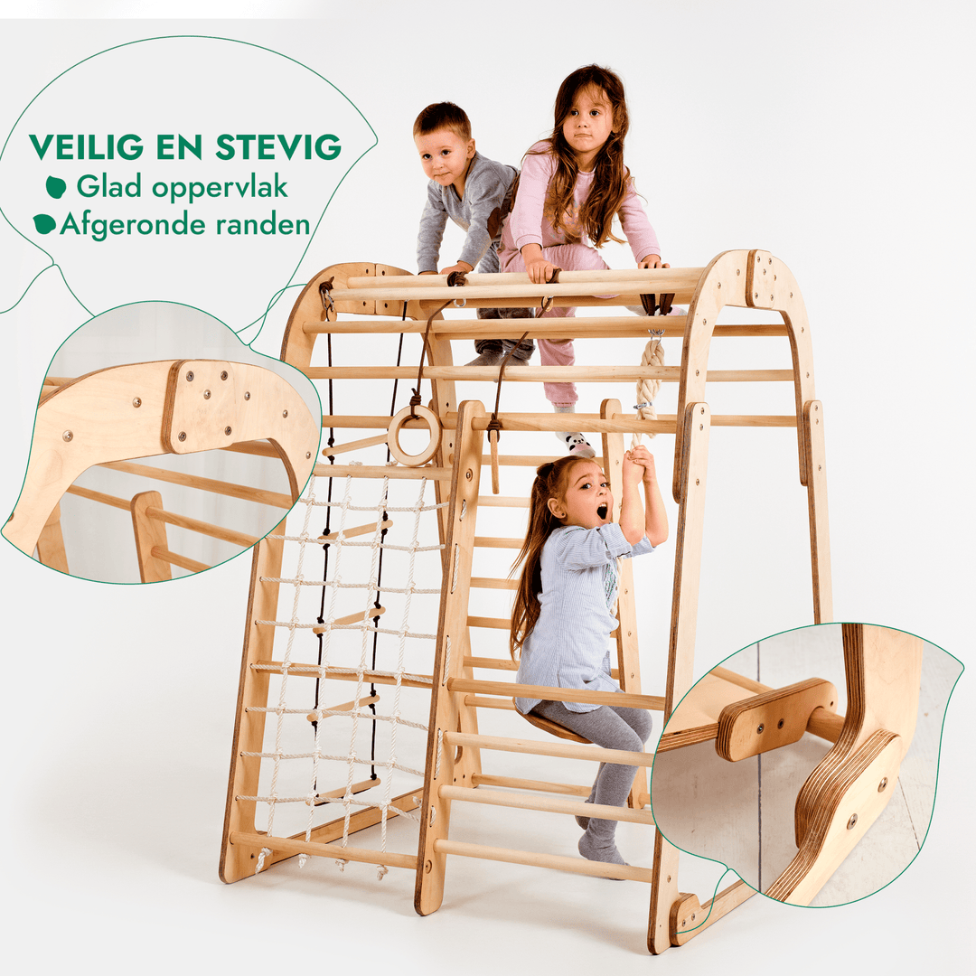 Houten Binnenspeeltuin voor kinderen – 6 - in - 1 Speeltuin + Schommel set + Glijbaan - Goodevas NL