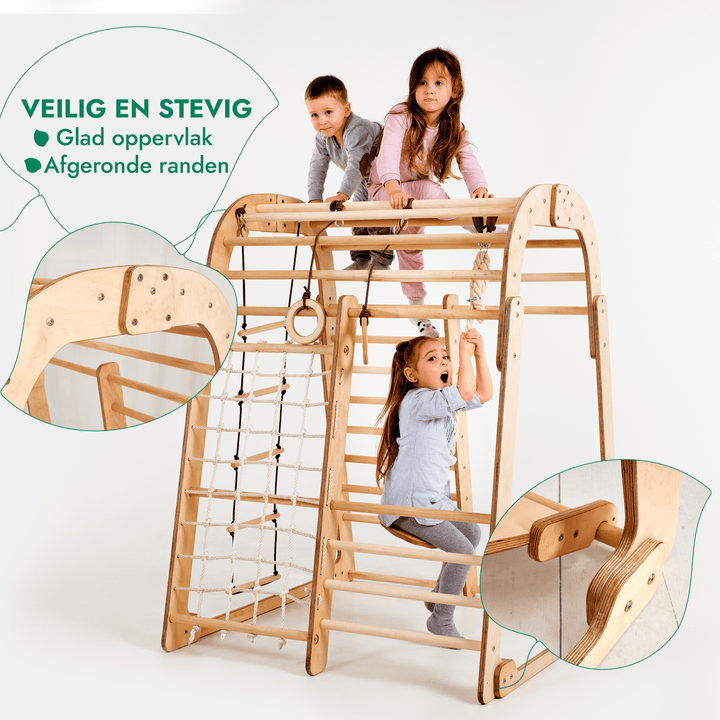 Houten Binnenspeeltuin voor kinderen – 6 - in - 1 Speeltuin + Schommel set + Glijbaan - Goodevas NL