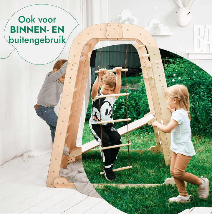 Houten Binnenspeeltuin voor kinderen – 7 - in - 1 Speeltuin + Schommel set + Glijbaan + Kunsttoevoeging - Goodevas NL