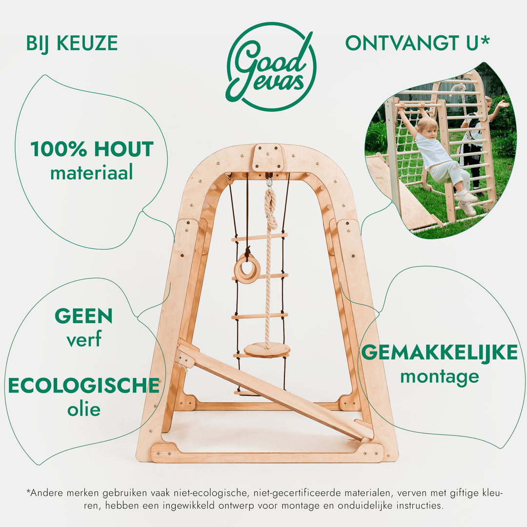 Houten Binnenspeeltuin voor kinderen – 7 - in - 1 Speeltuin + Schommel set + Glijbaan + Kunsttoevoeging - Goodevas NL