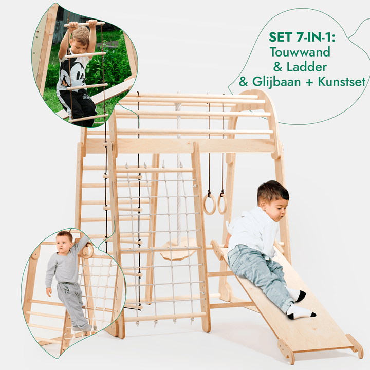 Houten Binnenspeeltuin voor kinderen – 7 - in - 1 Speeltuin + Schommel set + Glijbaan + Kunsttoevoeging - Goodevas NL