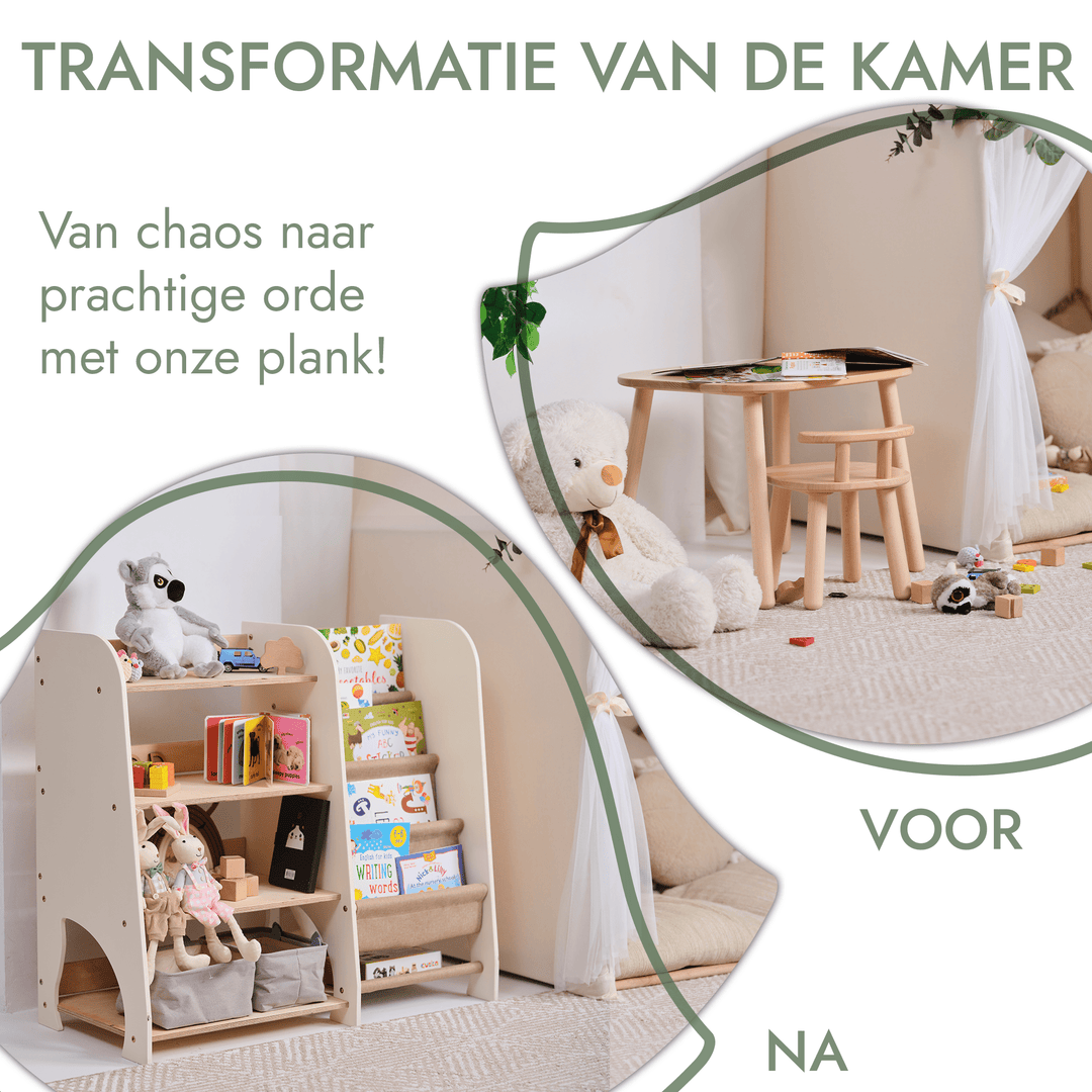 Houten Montessori Planken 2 - in - 1: Boekenplank & Speelgoed Planken - Goodevas NL