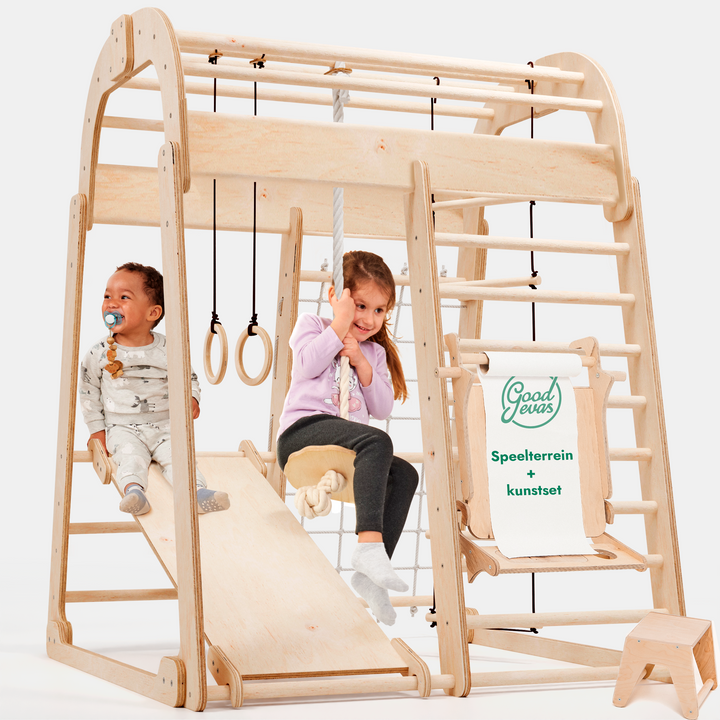 Houten Binnenspeeltuin voor kinderen – 7-in-1 Speeltuin + Schommel set + Glijbaan + Kunsttoevoeging