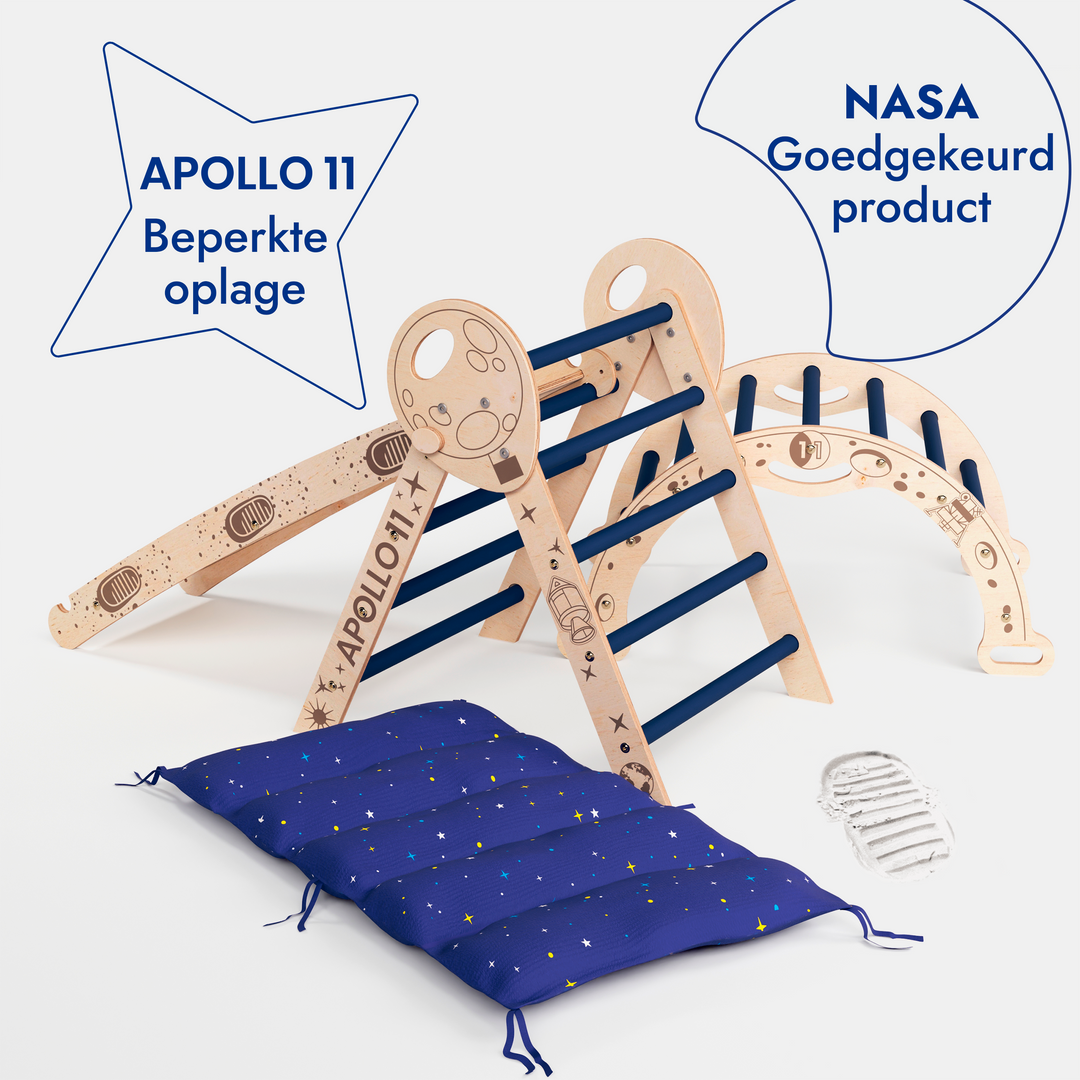 Apollo 4-in-1 Klimset: Pikler Driehoek, Boog, Glijbord en Kussen voor Kleine Peuterastronauten (1-3 jaar)
