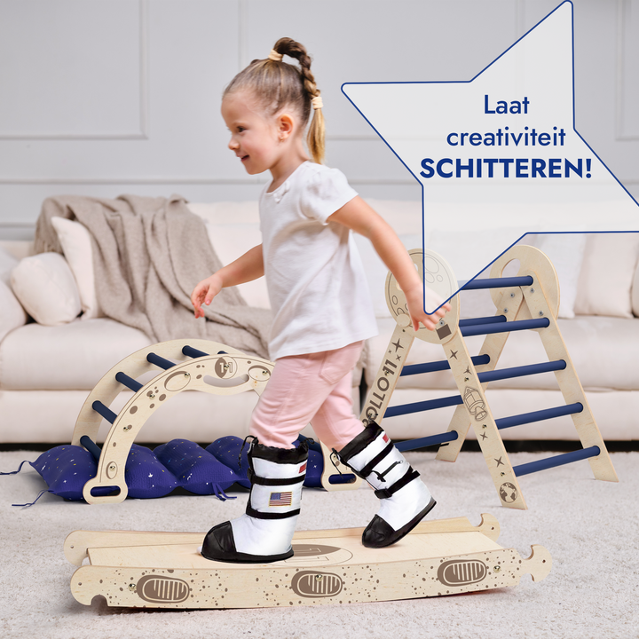 Apollo 4-in-1 Klimset: Pikler Driehoek, Boog, Glijbord en Kussen voor Kleine Peuterastronauten (1-3 jaar)