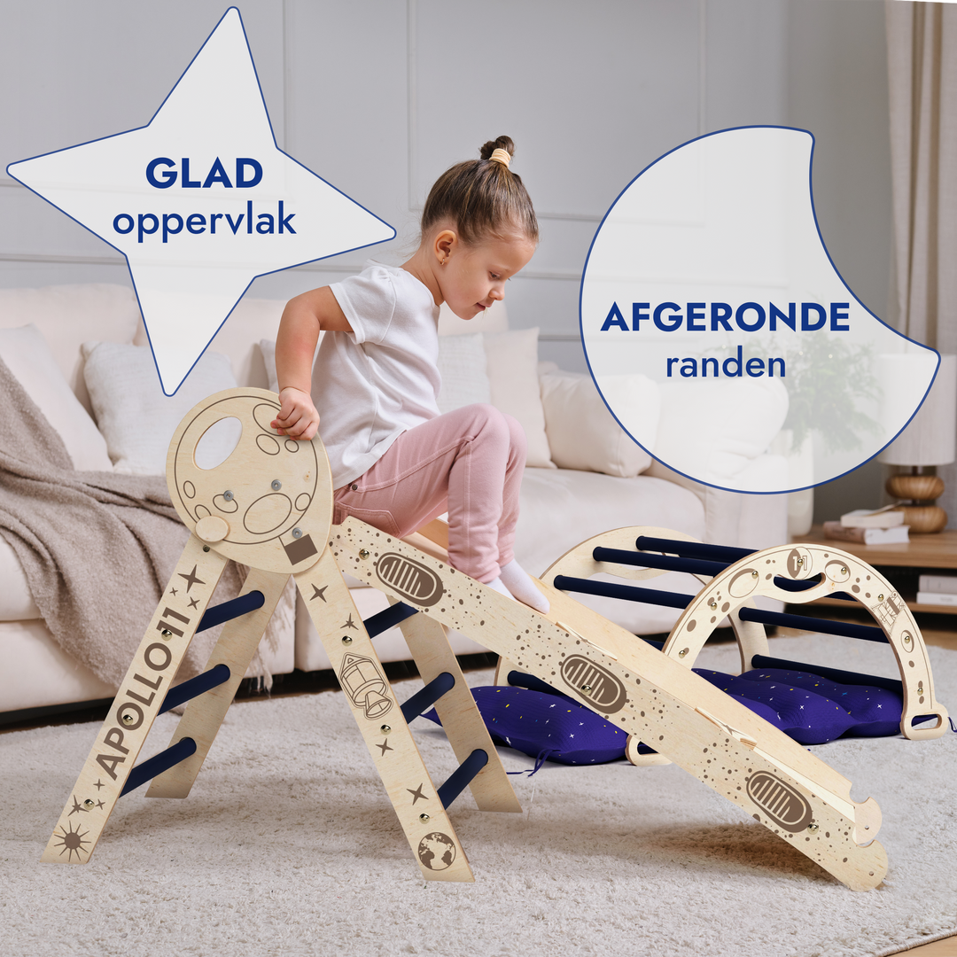 Apollo 4-in-1 Klimset: Pikler Driehoek, Boog, Glijbord en Kussen voor Kleine Peuterastronauten (1-3 jaar)
