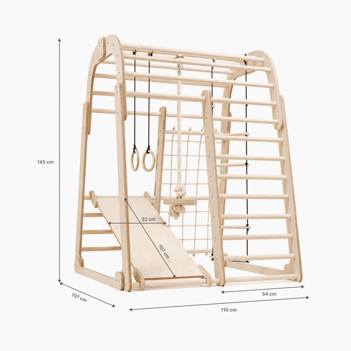 Houten Binnenspeeltuin voor kinderen – 7-in-1 Speeltuin + Schommel set + Glijbaan + Kunsttoevoeging