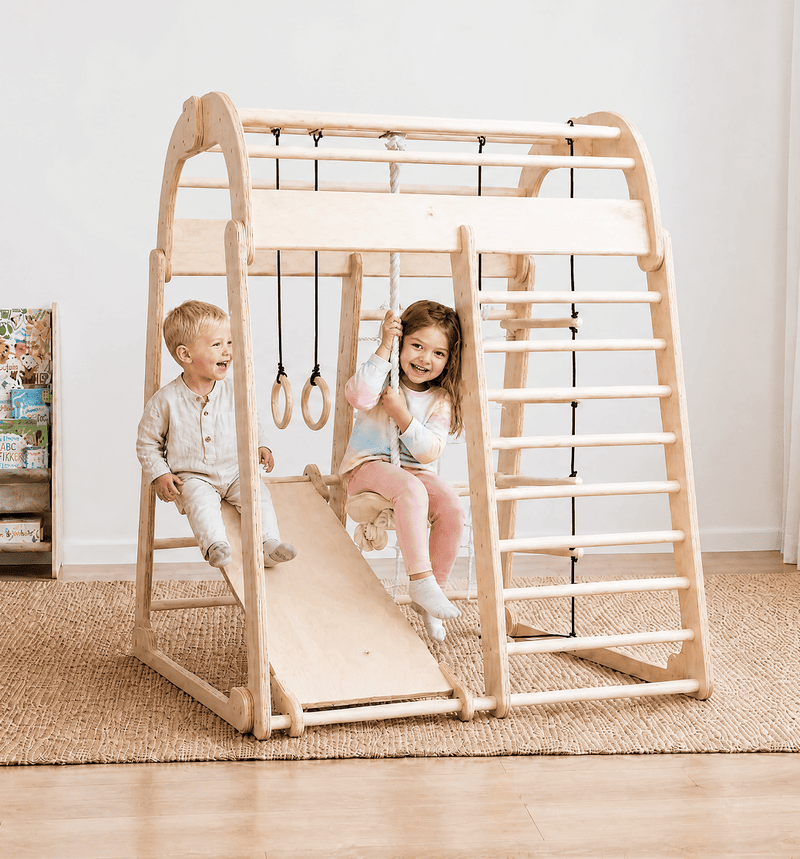 Houten Binnenspeeltuin voor kinderen – 7-in-1 Speeltuin + Schommel set + Glijbaan + Kunsttoevoeging