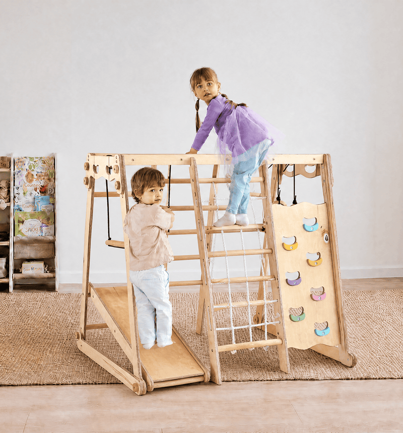 6-in-1 Houten Indoor-speelplaats voor Kinderen – Schommel, Glijbaan, Touw en Trap