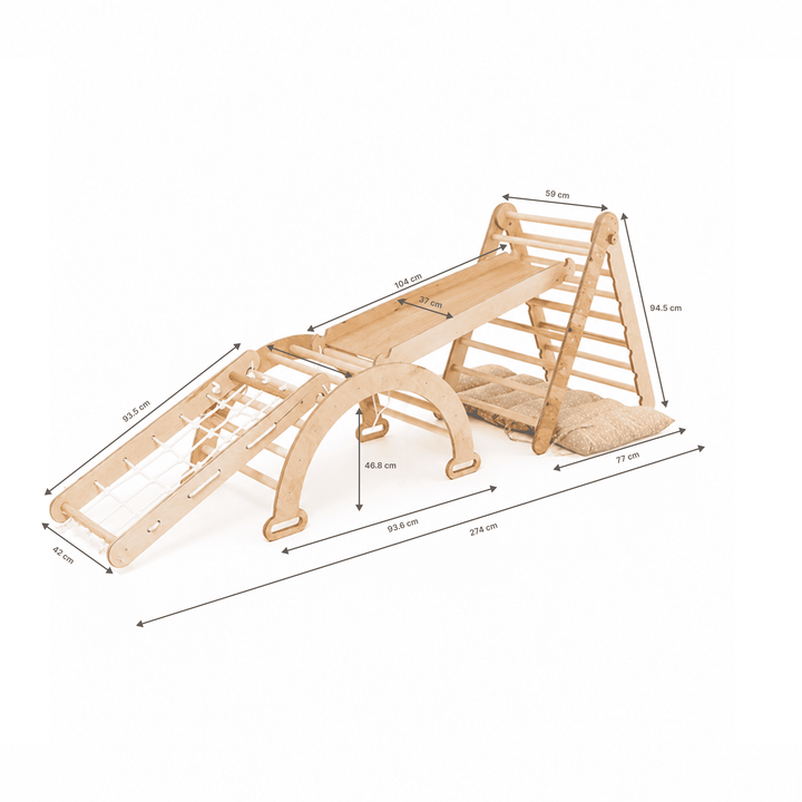4-in-1 Montessori-Klimrek: Driehoek Ladder + Klimboog + Glijbaan + Kussen Beige