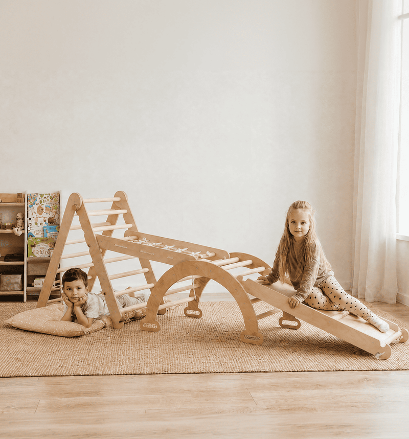4-in-1 Montessori-Klimrek: Driehoek Ladder + Klimboog + Glijbaan + Kussen Beige