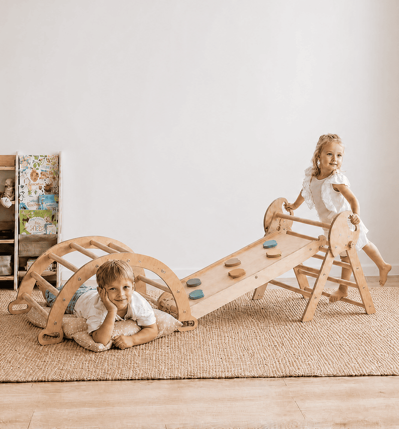 5-in-1 Klimset voor Peuters: Driehoek Ladder + Klimboog + Glijbaan + Kunsttoevoeging + Kussen (1-3 jaar)