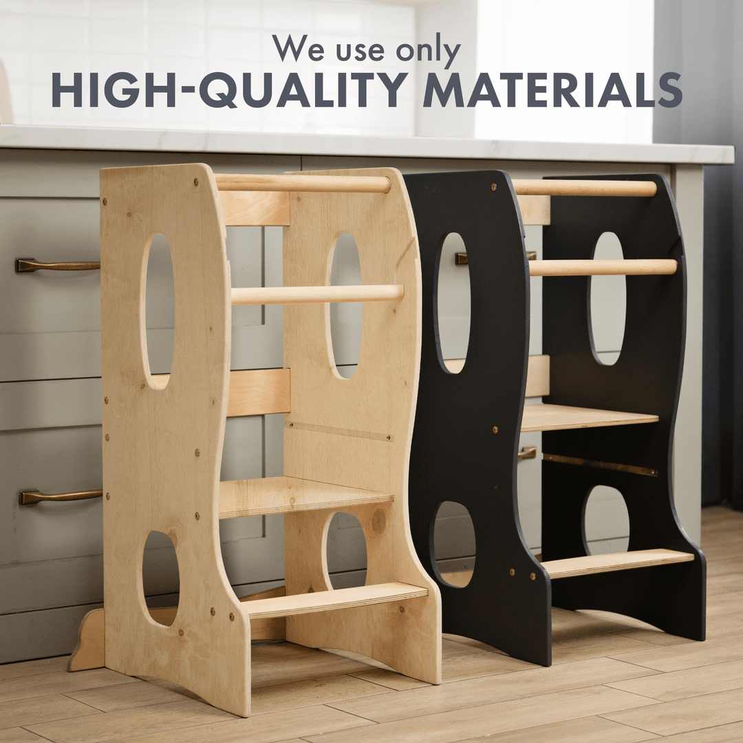 Stabiler Montessori Lernturm: Mitwachsender Kinderstuhl aus Holz – Beige - Goodevas Schweiz