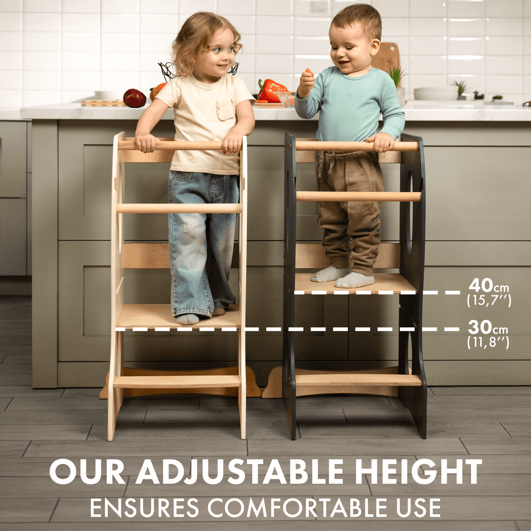 Stabiler Montessori Lernturm: Mitwachsender Kinderstuhl aus Holz – Beige - Goodevas Schweiz