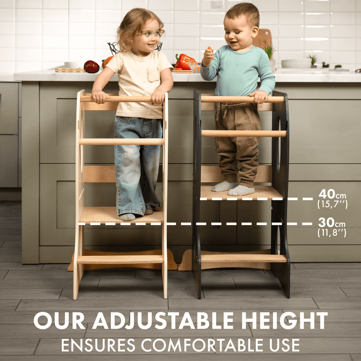 Stabiler Montessori Lernturm: Mitwachsender Kinderstuhl aus Holz – Beige - Goodevas Schweiz