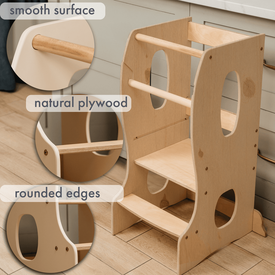 Stabiler Montessori Lernturm: Mitwachsender Kinderstuhl aus Holz – Beige - Goodevas Schweiz