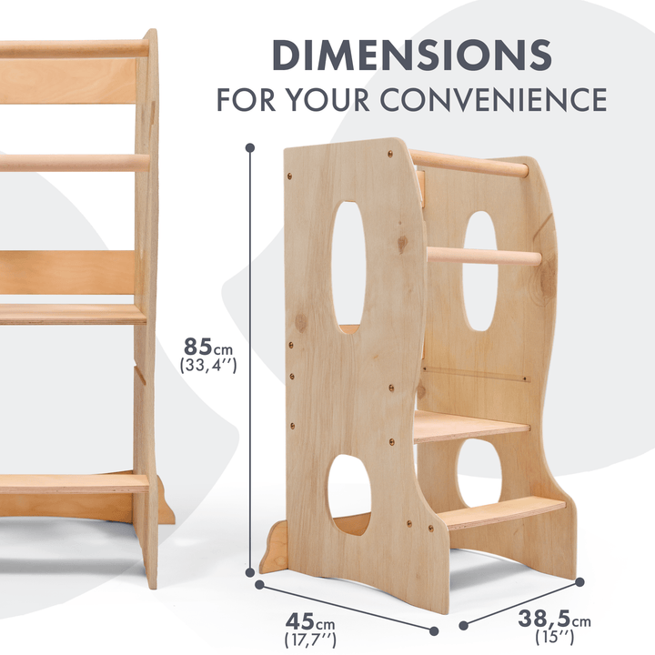 Stabiler Montessori Lernturm: Mitwachsender Kinderstuhl aus Holz – Beige - Goodevas Schweiz