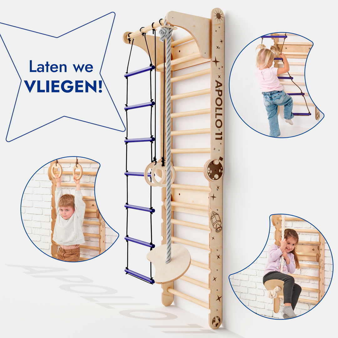 Apollo Zweedse Wand / Klimladder voor Kleine Astronauten + Maanschommel Set + Glijbord