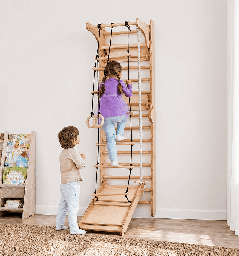 4-in-1 Houten Zweedse Wand-/Klimladder voor Kinderen + Schommel Set + Glijbaan + Kunsttoevoeging
