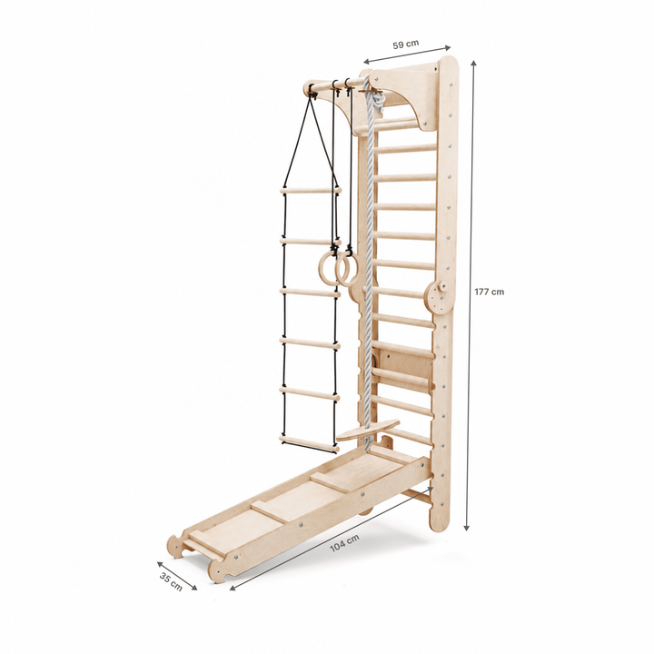 4-in-1 Houten Zweedse Wand-/Klimladder voor Kinderen + Schommel Set + Glijbaan + Kunsttoevoeging
